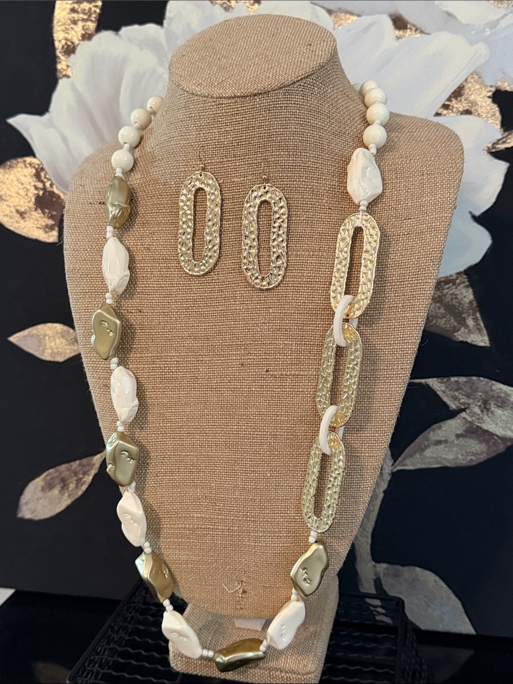 Long Cream and Gold Beaded Link Necklace Set